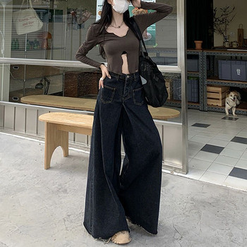 Извънгабаритни ретро дънки с висока талия High Street Свободни протрити широки дънки Модни корейски ежедневни едноцветни прави панталони