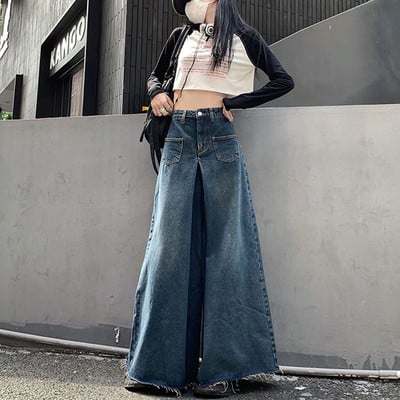 Oversized vintage ψηλόμεσο τζιν High Street Loose Frayed Wide Leg Jeans Fashion Κορεάτικο casual μονόχρωμο ίσιο παντελόνι