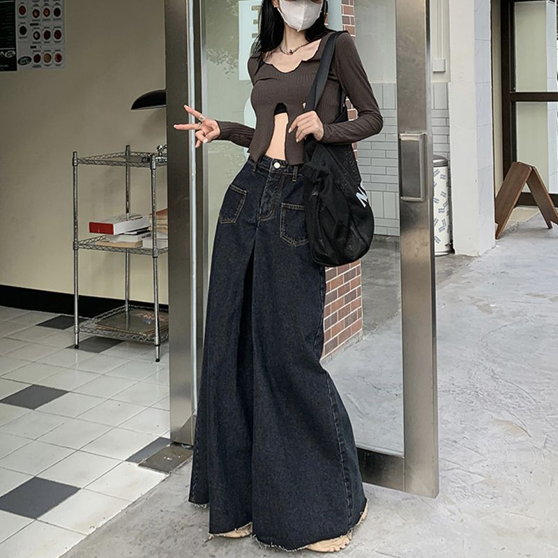 Suured vintage kõrge vöökohaga teksad High Street lahtised, kulunud laia säärega teksad Moodsad Korea vabaaja ühevärvilised sirged püksid