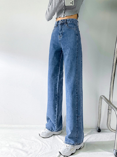 Vintage proljetne traperice za žene Svijetloplave jednobojne traper hlače širokih nogavica pune dužine Ležerna uredska ulična ženska moda