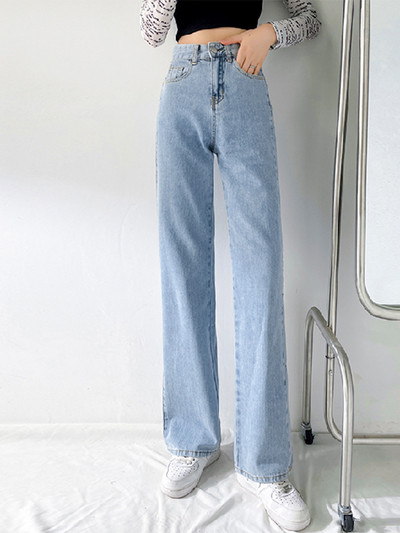 Vintage proljetne traperice za žene Svijetloplave jednobojne traper hlače širokih nogavica pune dužine Ležerna uredska ulična ženska moda