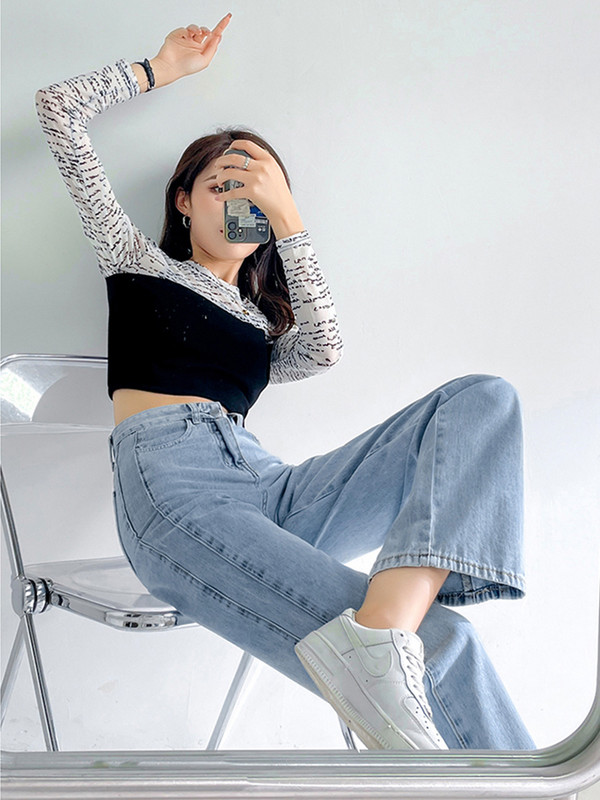 Vintage proljetne traperice za žene Svijetloplave jednobojne traper hlače širokih nogavica pune dužine Ležerna uredska ulična ženska moda