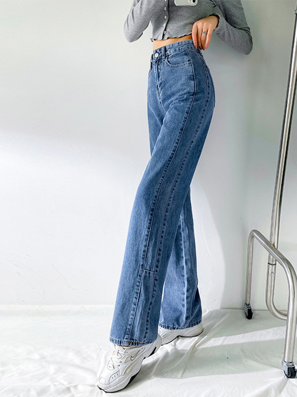 Vintage proljetne traperice za žene Svijetloplave jednobojne traper hlače širokih nogavica pune dužine Ležerna uredska ulična ženska moda