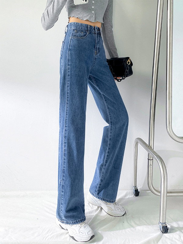 Vintage proljetne traperice za žene Svijetloplave jednobojne traper hlače širokih nogavica pune dužine Ležerna uredska ulična ženska moda