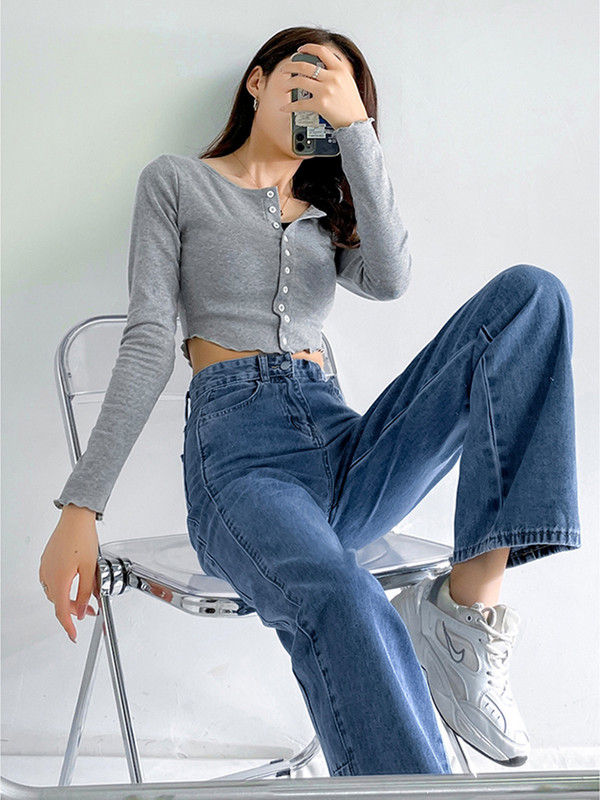 Vintage proljetne traperice za žene Svijetloplave jednobojne traper hlače širokih nogavica pune dužine Ležerna uredska ulična ženska moda