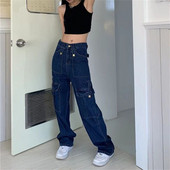 Vintage καλοκαιρινό γυναικείο φορτηγό παντελόνι με ψηλόμεσο φαρδύ τζιν φαρδύ casual μόδα Πολλαπλές τσέπες Mom Hip Hop Street Style