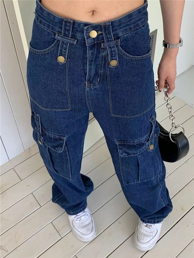 Vintage καλοκαιρινό γυναικείο φορτηγό παντελόνι με ψηλόμεσο φαρδύ τζιν φαρδύ casual μόδα Πολλαπλές τσέπες Mom Hip Hop Street Style