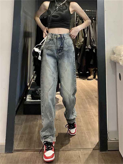 2023 Νέο Streetwear Casual γυναικείο μπλε τζιν με φαρδύ πόδι Star Pocket Vintage Burr ίσιο παντελόνι Ψηλόμεσο φαρδύ τζιν παντελόνι