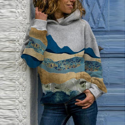 Vintažiniai Harajuku megztiniai su gobtuvu Moteriški Elegantiški ant kalnų marginti laisvi gobtuvai pavasario laisvalaikio sportinio kostiumo viršūnės, negabaritinis megztinis