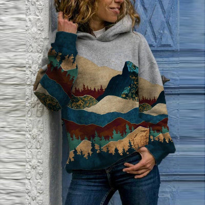 Vintažiniai Harajuku megztiniai su gobtuvu Moteriški Elegantiški ant kalnų marginti laisvi gobtuvai pavasario laisvalaikio sportinio kostiumo viršūnės, negabaritinis megztinis