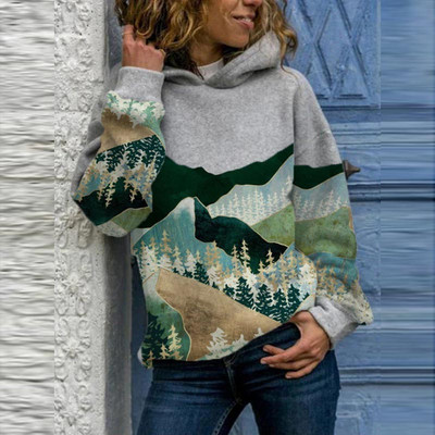 Vintažiniai Harajuku megztiniai su gobtuvu Moteriški Elegantiški ant kalnų marginti laisvi gobtuvai pavasario laisvalaikio sportinio kostiumo viršūnės, negabaritinis megztinis