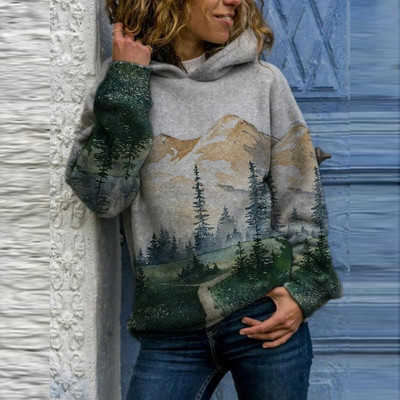 Vintažiniai Harajuku megztiniai su gobtuvu Moteriški Elegantiški ant kalnų marginti laisvi gobtuvai pavasario laisvalaikio sportinio kostiumo viršūnės, negabaritinis megztinis