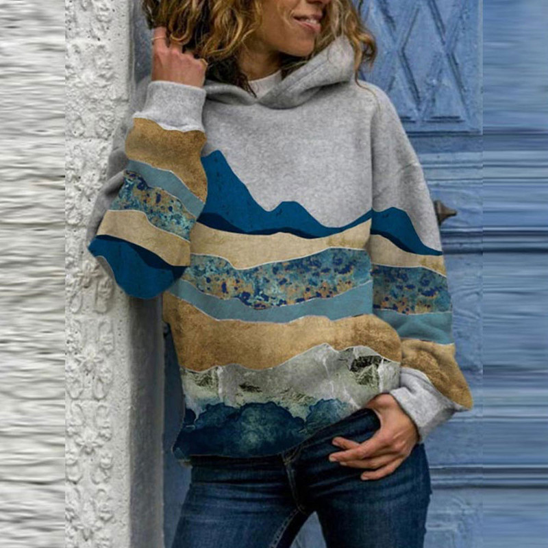 Vintažiniai Harajuku megztiniai su gobtuvu Moteriški Elegantiški ant kalnų marginti laisvi gobtuvai pavasario laisvalaikio sportinio kostiumo viršūnės, negabaritinis megztinis