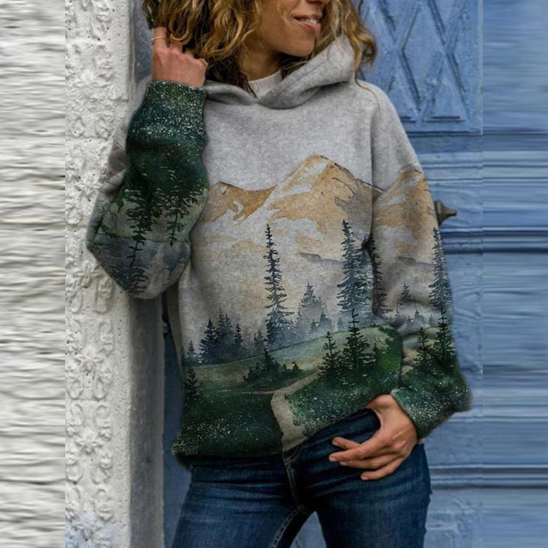 Vintažiniai Harajuku megztiniai su gobtuvu Moteriški Elegantiški ant kalnų marginti laisvi gobtuvai pavasario laisvalaikio sportinio kostiumo viršūnės, negabaritinis megztinis