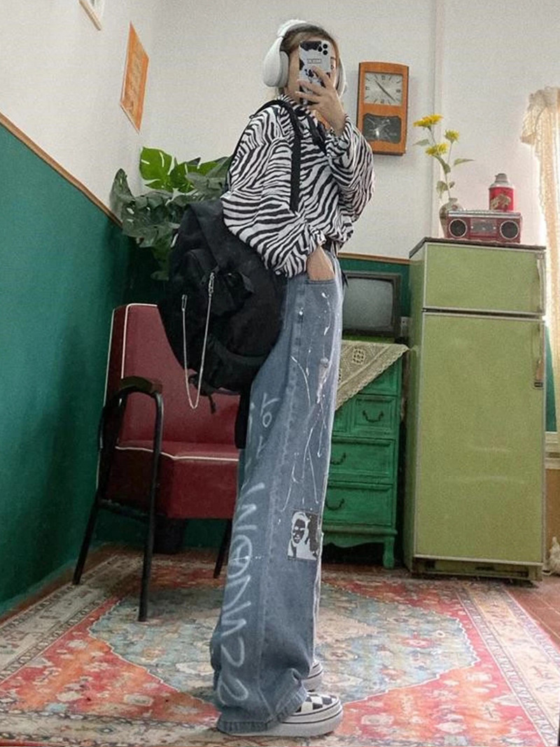 Cool Ženski traper Vintage Girl Fashion Harajuku Baggy Pants Ulzzang Funny Ins Hlače Femme Summer Straight Jeans Streetwear