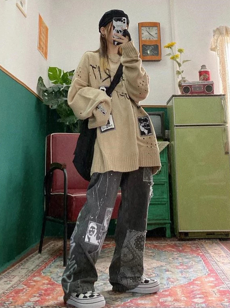 Cool Ženski traper Vintage Girl Fashion Harajuku Baggy Pants Ulzzang Funny Ins Hlače Femme Summer Straight Jeans Streetwear