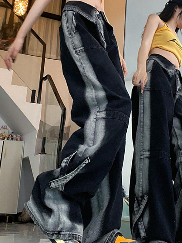 Y2k vintažiniai moteriški džinsai, 2023 m. aukštu juosmeniu, gatvės plokščiomis tiesios moteriškos džinsinės kelnės Prašmatnios laisvos moteriškos kelnės plačiomis kojomis