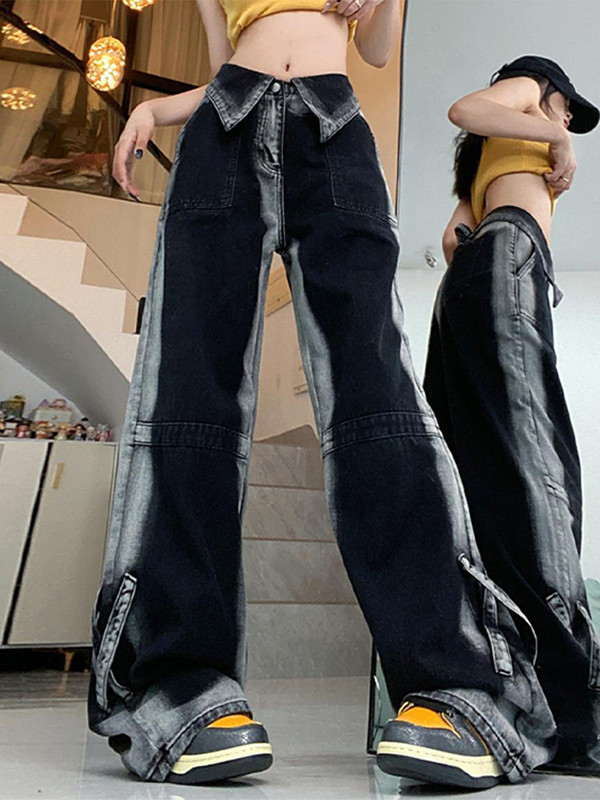 Y2k vintažiniai moteriški džinsai, 2023 m. aukštu juosmeniu, gatvės plokščiomis tiesios moteriškos džinsinės kelnės Prašmatnios laisvos moteriškos kelnės plačiomis kojomis