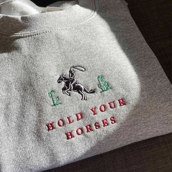 Hold Your Horses Суичъри с бродирани кактуси Мъже Жени Унисекс Сив Votton Дебел пуловер Ретро стил 80-те 90-те Есенни дрехи