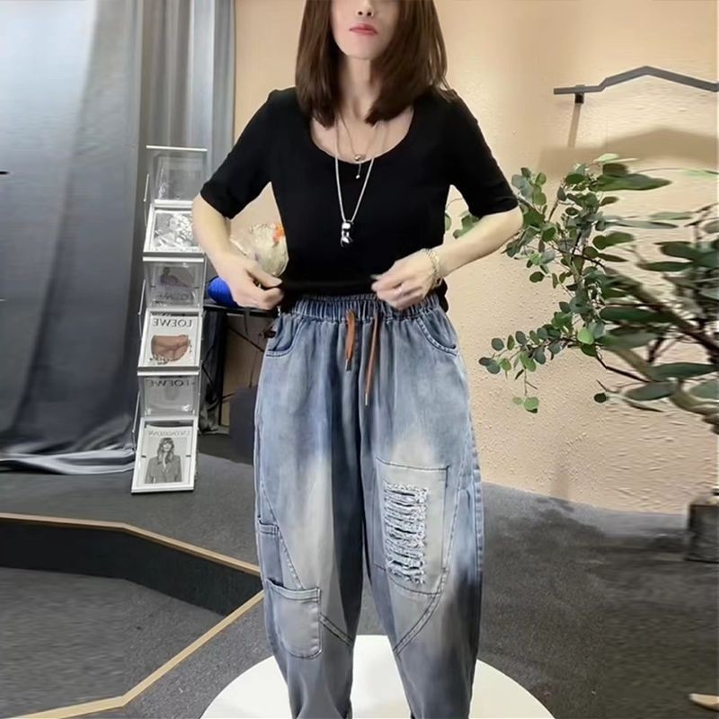 2023 Άνοιξη φθινόπωρο Νέα κορεατική μόδα Γυναικεία ελαστική μέση βαμβακερό τζιν παντελόνι με τρύπα από χαρέμι Σχέδιο Vintage μπλε χαλαρό τζιν C705