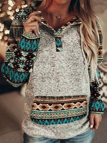 Ретро западни етнически геометрични качулки Дамски 2022 г. Нов моден суичър Ежедневни реколта Свободни улични суичъри Бохо пуловери