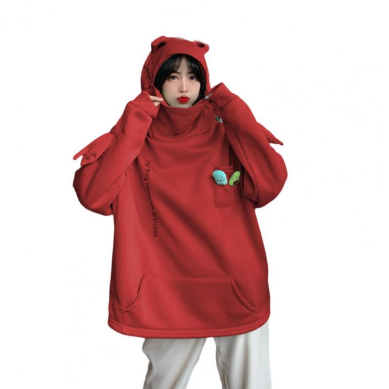 Γυναικεία ανδρική κουκούλα με κουκούλα πουλόβερ με κουκούλα σε σχήμα βάτραχου με φερμουάρ Μεγάλη μπαλωτή τσέπη Unisex Κέντημα με γράμματα χειμωνιάτικο φούτερ Ρούχα για ενήλικες