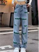 Μόδα Harajuku Κεντητό γράμμα τζιν παντελόνι με φαρδύ πόδι για γυναικεία φθινοπωρινά κουμπιά Ψηλόμεση τζιν καθημερινά παντελόνια Streetwear