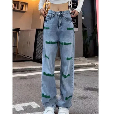 Μόδα Harajuku Κεντητό γράμμα τζιν παντελόνι με φαρδύ πόδι για γυναικεία φθινοπωρινά κουμπιά Ψηλόμεση τζιν καθημερινά παντελόνια Streetwear