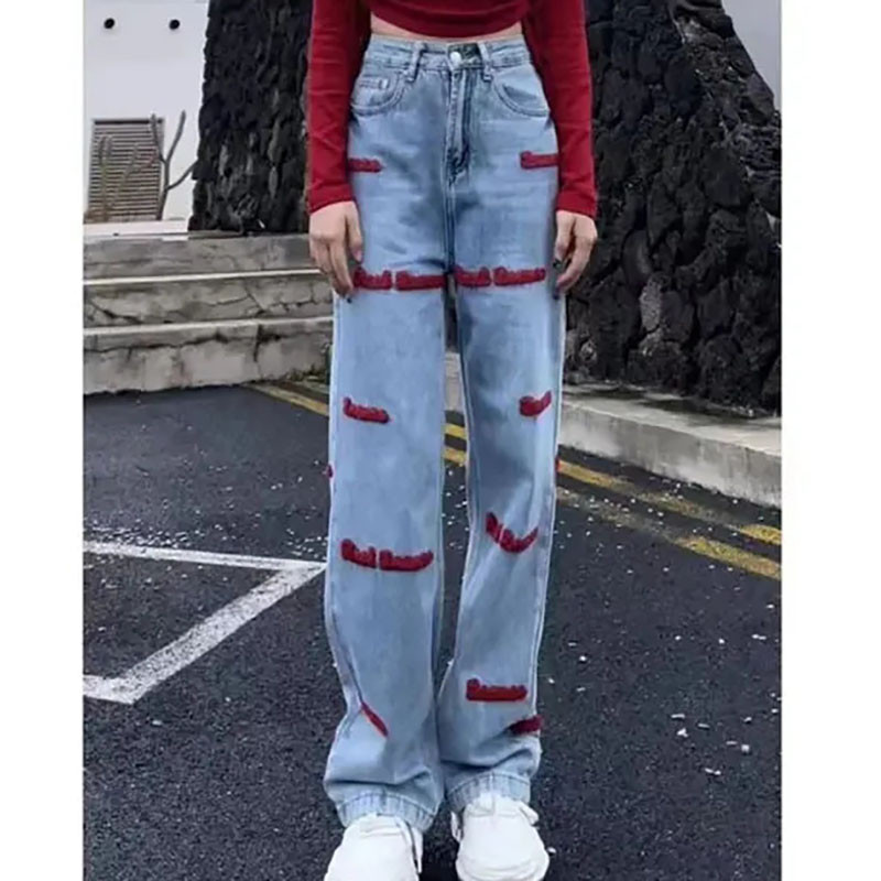 Μόδα Harajuku Κεντητό γράμμα τζιν παντελόνι με φαρδύ πόδι για γυναικεία φθινοπωρινά κουμπιά Ψηλόμεση τζιν καθημερινά παντελόνια Streetwear