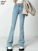 Κλασικά φαρδιά στριφώματα μονόχρωμα ίσια τζιν Κορεάτικη μόδα Ψηλόμεση ελαστικό τζιν για γυναίκες ανοιξιάτικα νέα τζιν παντού