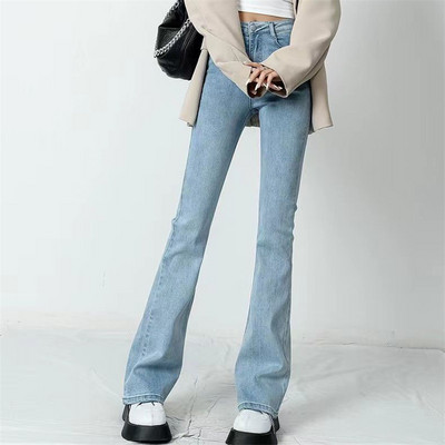 Κλασικά φαρδιά στριφώματα μονόχρωμα ίσια τζιν Κορεάτικη μόδα Ψηλόμεση ελαστικό τζιν για γυναίκες ανοιξιάτικα νέα τζιν παντού