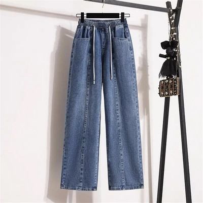 Oversize 4xl Μπλε ίσιο τζιν τζιν με κορδόνι φαρδύ παντελόνι ελαστικό ψηλόμεσο Pantalones Γυναικείο Vintage κορεάτικο παντελόνι Vaqueros