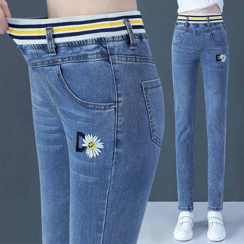Casual Κεντημένα Γράμματα Υπερμεγέθη Τζιν για Γυναικεία Κορεάτικη μόδα Στρέτσο παντελόνι με ψηλή μέση, vintage παντελόνι παντελόνι