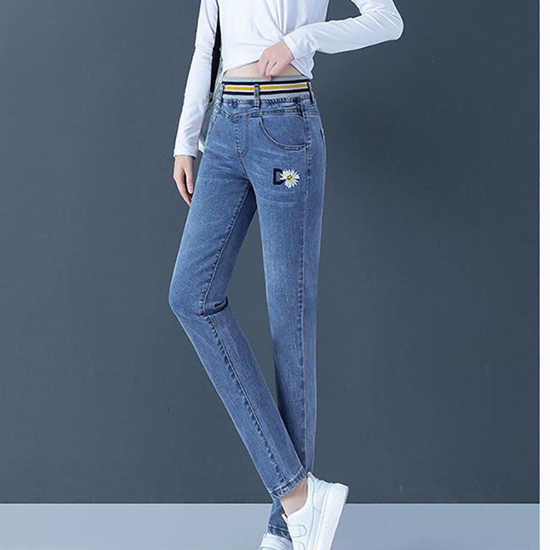 Casual Κεντημένα Γράμματα Υπερμεγέθη Τζιν για Γυναικεία Κορεάτικη μόδα Στρέτσο παντελόνι με ψηλή μέση, vintage παντελόνι παντελόνι