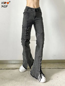 Streetwear Y2k με σπαστό μαύρο τζιν με κορδόνια για γυναίκες Μόδα Ακανόνιστο παντελόνι ψηλόμεσο λεπτό παντελόνι Casual παντελόνι παντός τύπου