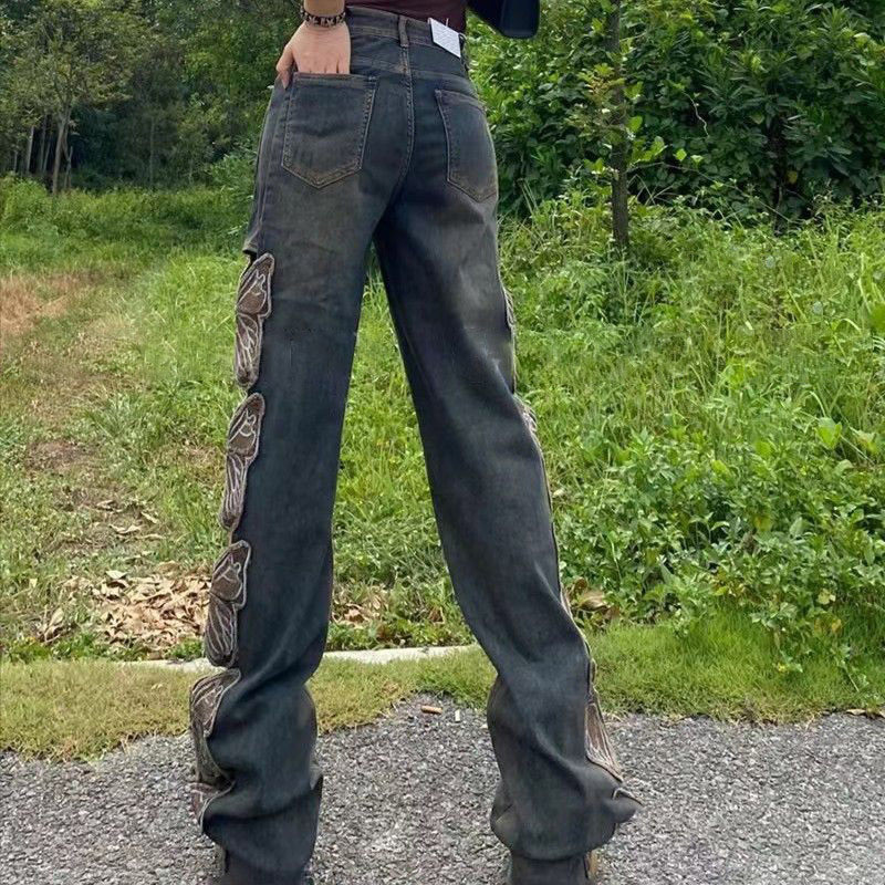 Y2k High Street Φούτερ κέντημα με κούφια πεταλούδα Τζιν Παντελόνι Hip Hop Streetwear Γυναικεία φαρδιά παντελόνια Τζιν Παντελόνια Kpop