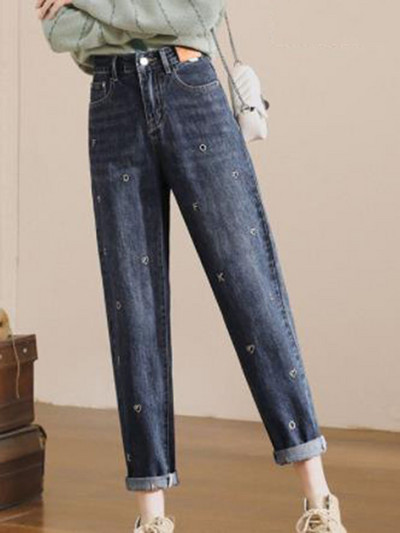 Ανοιξιάτικο ψηλόμεσο μπλε τζιν χαρέμι μεγάλο μέγεθος 70 κιλών Κέντημα τζιν φαρδύ Vintage Vaqueros Γυναικεία Μόδα Pantalones