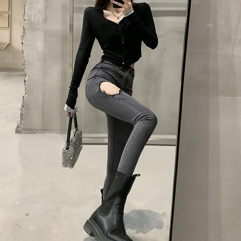 Hallid rebenenud teksad Naiste tänavarõivad 2023. aasta suveauguga Seksikad pliiatspüksid Naiste elastsed teksad, kevadised kõrge vöökohaga 2000 alumise osa