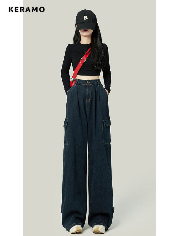 Ženske plave vintage traperice širokih nogavica, modne vrećaste ravne hlače visokog struka, High Street traper hlače za brisanje, jesenske dame Y2K