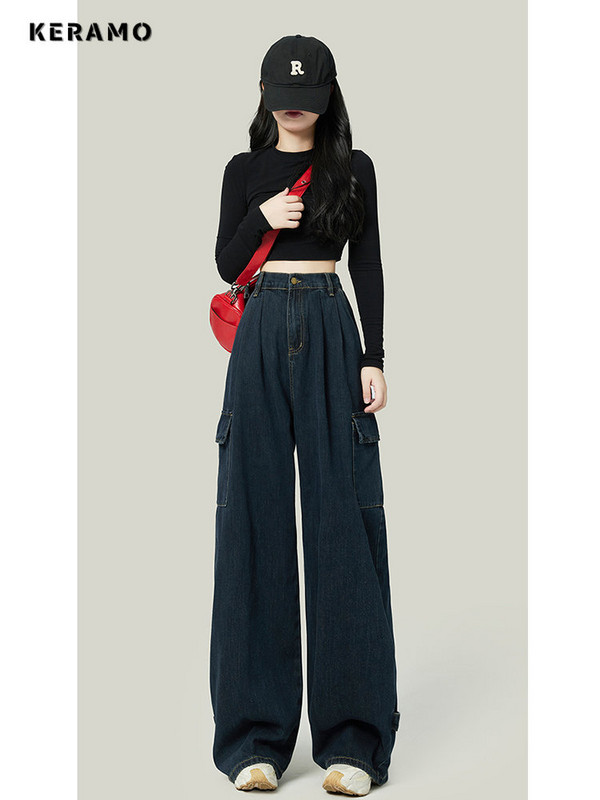Ženske plave vintage traperice širokih nogavica, modne vrećaste ravne hlače visokog struka, High Street traper hlače za brisanje, jesenske dame Y2K