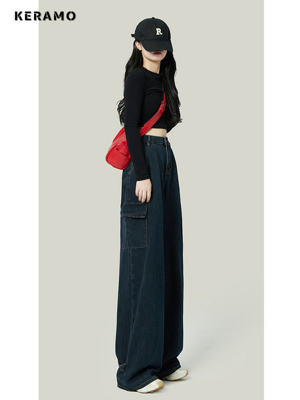 Ženske plave vintage traperice širokih nogavica, modne vrećaste ravne hlače visokog struka, High Street traper hlače za brisanje, jesenske dame Y2K