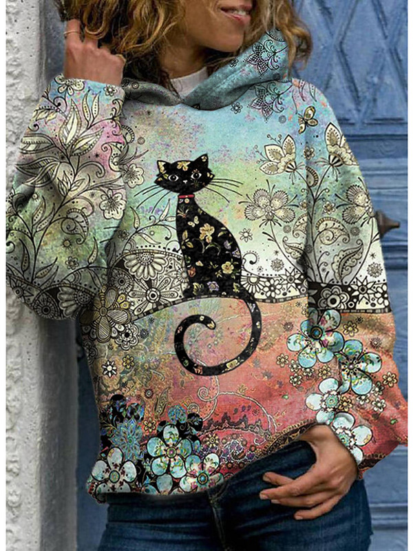 Ženska nova majica s kapuljačom, ženska široka majica s dugim rukavima, ležerna košulja, majica s kapuljačom, pejzaž, apstraktni uzorak, jesen, zima, majica s kapuljačom