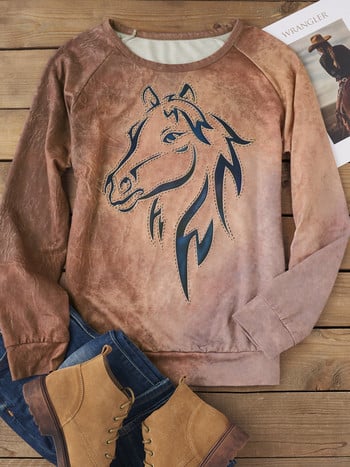 Φούτερ Horse Raglan με μανίκια O-λαιμόκοψη Φθινοπωρινή μόδα Casual Ρούχα για Γυναικεία Φούτερ Βασική Μονόχρωμη Ποιότητα Streetwear