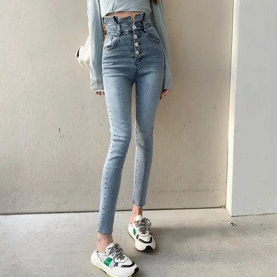 Traper hlače s jednorednim kopčanjem s dugmadima s volanima i visokim strukom Ležerne uske elastične ulične traperice Ženske nove ženske hlače