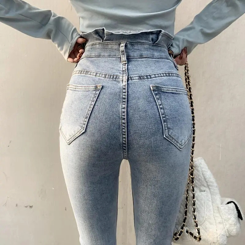 Traper hlače s jednorednim kopčanjem s dugmadima s volanima i visokim strukom Ležerne uske elastične ulične traperice Ženske nove ženske hlače