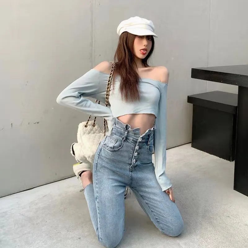 Traper hlače s jednorednim kopčanjem s dugmadima s volanima i visokim strukom Ležerne uske elastične ulične traperice Ženske nove ženske hlače