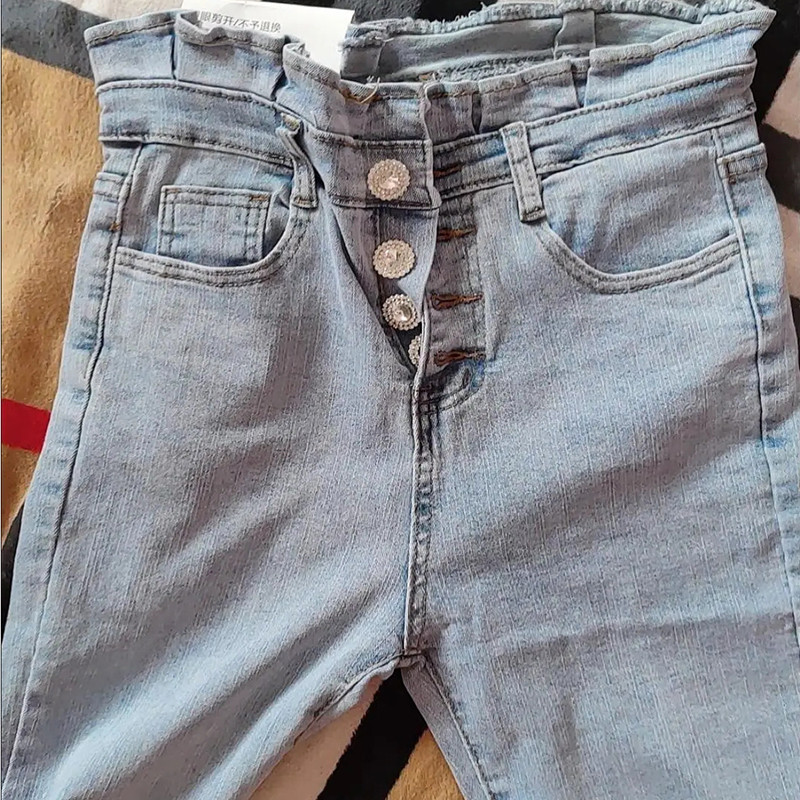 Traper hlače s jednorednim kopčanjem s dugmadima s volanima i visokim strukom Ležerne uske elastične ulične traperice Ženske nove ženske hlače