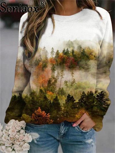 Γυναικείες μπλούζες Καλλιτεχνικές ελαιογραφίες Forest print Μακρυμάνικο Γυναικείο ανοιξιάτικο αφηρημένο τοπίο πουλόβερ τοπ φθινοπώρου 2021