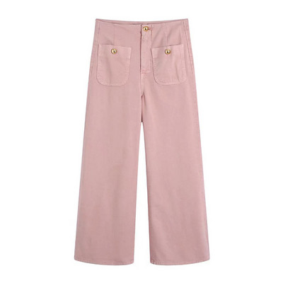 KUMSVAG 2022 Ljeto Ženske ležerne traperice Hlače širokih nogavica Jednobojne hlače visokog struka s gumbima i džepovima Ženske modne ulične traper hlače