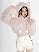 HOUZHOU Kawaii Ears Pink Hoodie Jesen Zima Japanski modni slatki mačji vez Patchwork dugih rukava Plišani skraćeni Hoodie